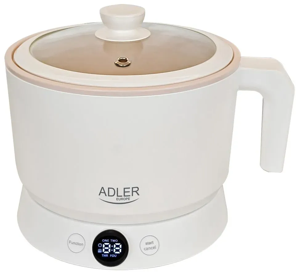 Adler AD 6422 Multikocher 1,0 L, 800 W, 4 Kochmodi, LED-Touch-Display, Warmhaltefunktion bis 12 Std., Dampfgaraufsatz, Glasdeckel, Antihaftbeschichtung