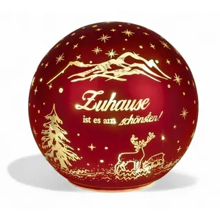 Formano LED Deko-Kugel Rot mit Spruch Zuhause ist es am Schönsten Glaskugel aus mattem Farbglas und Goldener Innenfarbe - Herbst Winter Weihnachtsdeko für Tisch Regal Fensterbank