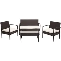 Mendler Poly-Rattan Garnitur HWC-F56, Balkon-/Garten-/Lounge-Set Sitzgruppe braun, Kissen creme