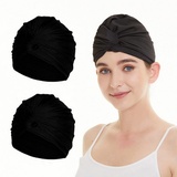 2x Schwimmkappe Damen Turban Badekappe Ohrenschutz Badehaube rutschfest Swimming Cap Retro Schwimmhaube Mädchen Bademütze Elastisch Schwimmmütze Sommer Schwimmkappe für Lange Kurze Haare Schwarz 2Pcs