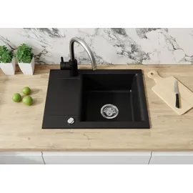 Manestein Spülbecken, Küchenspüle Granit, Einbauspüle, Abtropffläche, Einzelbecken mit Siphon, Graphit - Schwarz Gesprenkelt