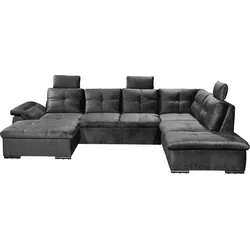 Wohnlandschaft ED EXCITING DESIGN "Alija U-Form", schwarz, B:334cm H:107cm T:217cm, 100% Polyester, Sofas, frei im Raum stellbar, Schlaffunktion, Kopfstützen, Armteilverstellung