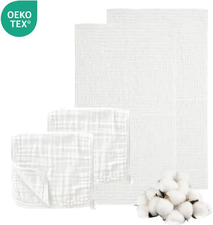 LeBonsoir 100% Baumwoll-Handtücher-Set, Musselintücher für Babys, weiches, 6-lagiges Baumwollgewebe für empfindliche Haut - Badetuch 70 x 140 cm, Waschlappen 30 x 50 cm - saugfähig, langlebig, sanftes Waschlappen für Neugeborene und Kleinkinder - Weiß, 4er-Pack (2 Stück Badetuch & 2 Stück Waschlappen)