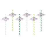 partydeco Trinkhalme, Papierstrohhalme 19cm mit Dino Topper 6er Set Weiß / Grün / Flieder bunt
