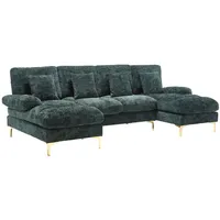 SeedWave Big-Sofa U-förmiges Sofaset mit beidseitigen Ottomans, Chenille-Bezug für 4, inklusive Kissen, erhöhte Beine, rutschfeste Pads – ideal für Familien grün