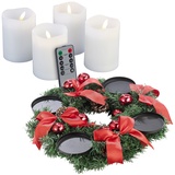 Adventskranz mit rotem Schmuck, inkl. LED-Kerzen in weiß
