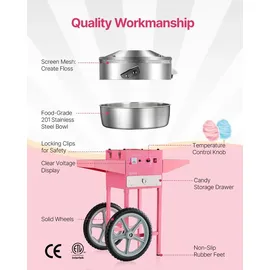 Vevor elektrische Zuckerwattemaschine kommerzielle Zuckerwattegeräte mit Wagen (1000 W) mit 52 cm Edelstahlschüssel & Zuckerschaufel & Schublade, perfekt für Kindergeburtstage Familienfeiern Rosa
