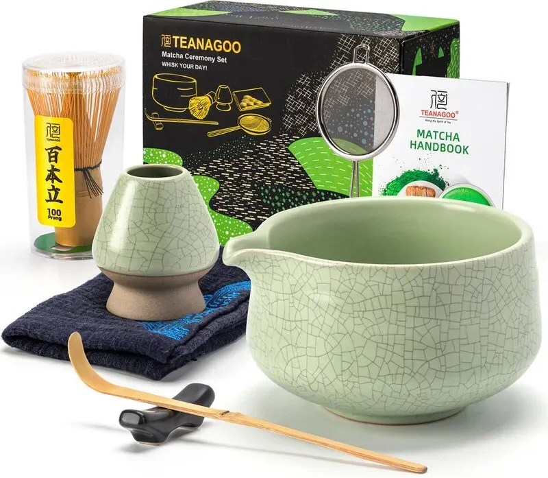 TEANAGOO Matcha-Set, 7-teiliges Matcha-Besen-Set, Matcha-Kit für Zeremonie, Matcha-Teeset für die Zubereitung von Frühstück/Latte, Grüne Matcha-Schale (Chawan) mit Ausguss und Besen, Geschenk für Matcha-Liebhaber, Neujahrsangebot, Top-Geschenkempfehlungen