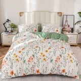 Luofanfei Bettwäsche 220x240 Baumwolle Weiß Blumen Bettbezug Doppelbett Grün 3 Teilig Blumenmuster Bettwäsche-Sets 240x220 und 2 Kissenbezüge 80x80 cm mit Reißverschluss Weich und Bügelfrei