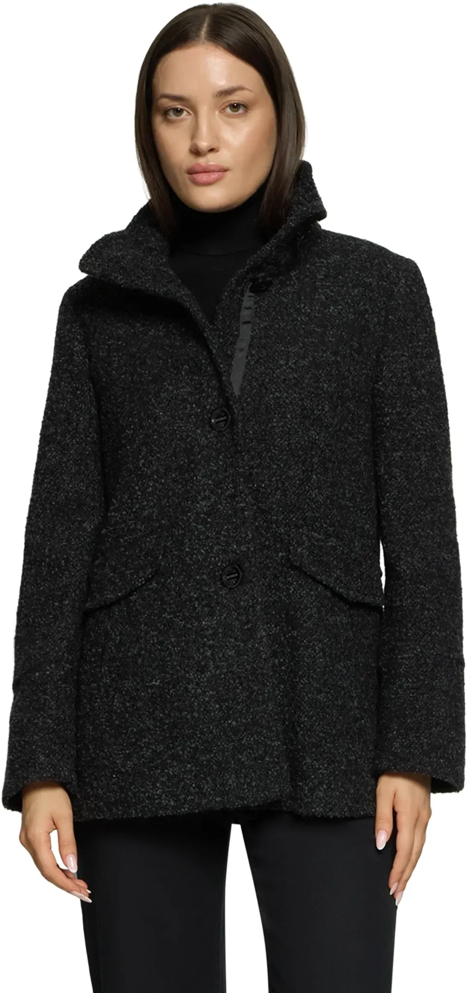 Wolljacke GIL BRET, Damen, Gr. 44, grau (schwarz, grau), Web, Obermaterial: 32% Baumwolle, 27% Polyester, 18% Wolle, 18% Polyacryl, 5% sonstige Fasern, unifarben, gerade Po-bedeckend, Rundhals, Jacken, mit Stehkragen