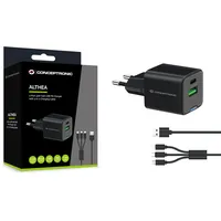 Conceptronic 2-Port 33W GaN USB-PD-Ladegerät mit 3-in-1-Ladekabel, USB-C x 1, USB-A x 1, QC 3.0, PPS