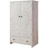 Kashmir Kleiderschrank Massivholz, Schlafzimmerschrank Mango -Holz massiv mit 2 Türen, 1 Schublade, 2 Kleiderstangen, orientalisch romantischer Holzschrank für Schlafzimmer