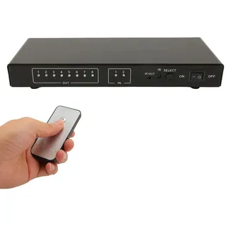 HDMI Splitter, 2 in 8 Out HDMI Switch Splitter mit Fernbedienung, 4K 60Hz 2x8 HDMI Splitter Switcher Fernbedienung für HDTV PC Projektor DVD Player AV Receiver (EU-Stecker)