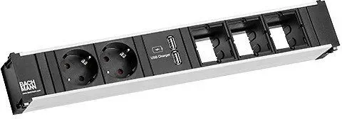 Bachmann 912.0168 CONI Steckdosenleiste ALU, 6-fach / ca.356mm, 2 Schutzkontaktsteckdosen, 1 USB Doppelcharger, 3 ABD Custom Module leer, Zuleitung 0,20m H05VV-F 3G1,50qmm, Wieland GST18