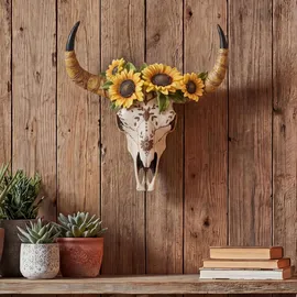 MCW Deko Schädel MCW-Q10, Polyresin Stier Bulle Longhorn Kopf Trophäe mit Verzierung Sonnenblume, In-/Outdoor 42cm