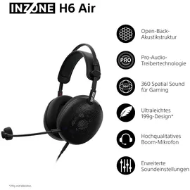 Sony INZONE H6 Air – kabelgebundenes Open-Back-Gaming-Headset – 360 Spatial Sound für Gaming, ultraleichtes 199 g-Design, abnehmbares Bügelmikrofon, Einstellbarer EQ via INZONE Hub – PC/PS5, Schwarz