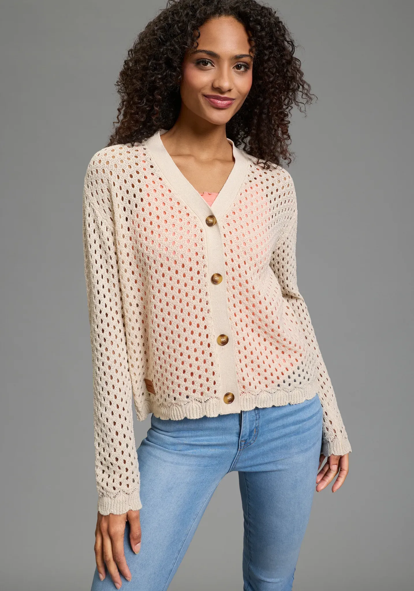 Ajourstrickjacke KANGAROOS, Damen, Gr. 48/50, beige (natur), Feinstrick, Obermaterial: 100% Baumwolle, bequem taillenbedeckt, V-Ausschnitt, Zierbündchen, Strickjacken Ajourstrickjacke, casual Stil, Langarm, bequeme Passform, Ajourstrick