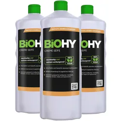BiOHY Creme Seife (3x1l Flasche) | Hautschonende, rückfettende und geruchsneutrale Handseife PHOSPHATFREI | Ohne Parfüm und Farbstoffe