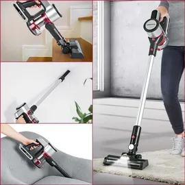 Clean Maxx CLEANmaxx Akku-Zyklon-Staubsauger Digital-Display & anthrazit/silber/rot | Allergikerfreundlich durch 3-fache Filterung | Ideal für Teppiche, Autositze, Tastaturen etc. | Inkl. Wandhalterung | Laufzeit bis zu 40 Min.