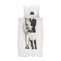 Kinderbettwäsche Amazone Pferd, Snurk, Perkal, 2 teilig, Zaumzeug, Reitstiefel, Turnierreiten schwarz|weiß