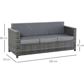 Outsunny Poly-Rattan Sofa mit Kissen 3-Sitzer Garten Loungesofa Polyester Grau