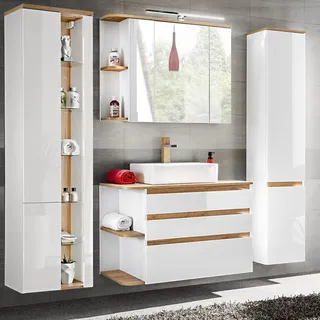 Lomadox Badmöbel Set mit Keramik-Waschtisch CAMPOS-56, Hochglanz weiß mit Wotaneiche, 2 Hochschränke b/h/t: ca. 204/200/50 cm