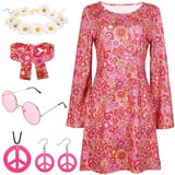 YADODO Hippie Kleidung Damen 60er 70er Jahre Hippie kostüm Damen Kleid und Hippie Accessoires 70er Jahre Bekleidung Damen Disco Fever Kleidung Girl Damen Kleid für Karneval Motto-Party (L)