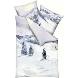 Bettwäsche KAEPPEL "Winter Wanderer", lila (mauve), B/L: 135cm x 200cm, , Feinbiber, B/L: 80cm x 80cm, Feinbiber, Obermaterial: 100% Baumwolle, Bettwäsche, Mit Skifahrer