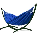 Potenza Outdoor Hängematte mit Gestell für 2 Personen I Merida- Baumwolle Doppelhängematte XXL 220x160, 220kg I Hängemattengestell 220kg, wetterfest (Blau, Gestell Grün)