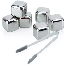 Intirilife Whiskey Steine in SILBER - Je 2.5 x 2.5 cm- 6 Stück wiederverwendbare Edelstahl Eiswürfel mit Aufbewahrungsbox-