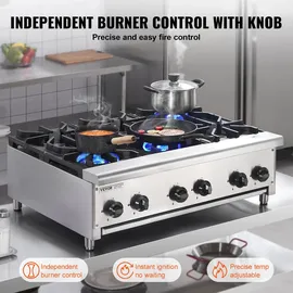 Vevor Kommerzieller Gasherd Gaskochherd mit 6 Gaskochfelder, Propan / Erdgas-Kochherd Edelstahl-Gaskochplatte, kommerzielles Kochgerät 915 x 775 x 335 mm für Restaurants Hotel Café 42 kW