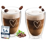 ElbFuchs® Latte Macchiato Gläser doppelwandig [2x 350ml] GESCHENKIDEE mit HERZ | Kristallklare Thermogläser doppelwandig | Ideal als Cappuccino Gläser | Kaffeegläser | Teegläser