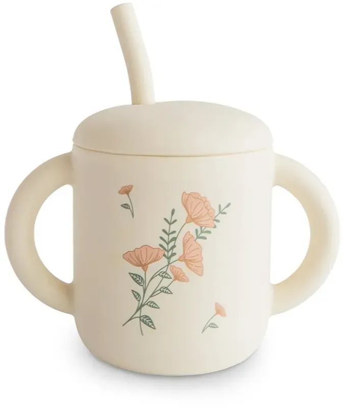 Mushie Silicone Training Cup Pink Flowers Tasse mit Strohhalm 170 ml
