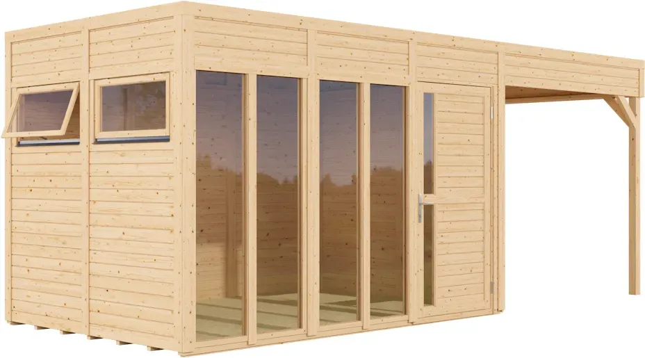 Bertilo Element-Gartenhaus Pentus 2 Office inkl. Lounge-Anbau - 19 mm naturbelassen 447 x 234 cm