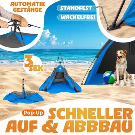 eloneo Pop Up Strandmuschel UV Schutz 80+, Leichter Aufbau und kleines Packmaß inkl. Tragetasche, Sonnenschutz & Windschutz für Babys und Erwachsene, Blau , 220x150x130 cm