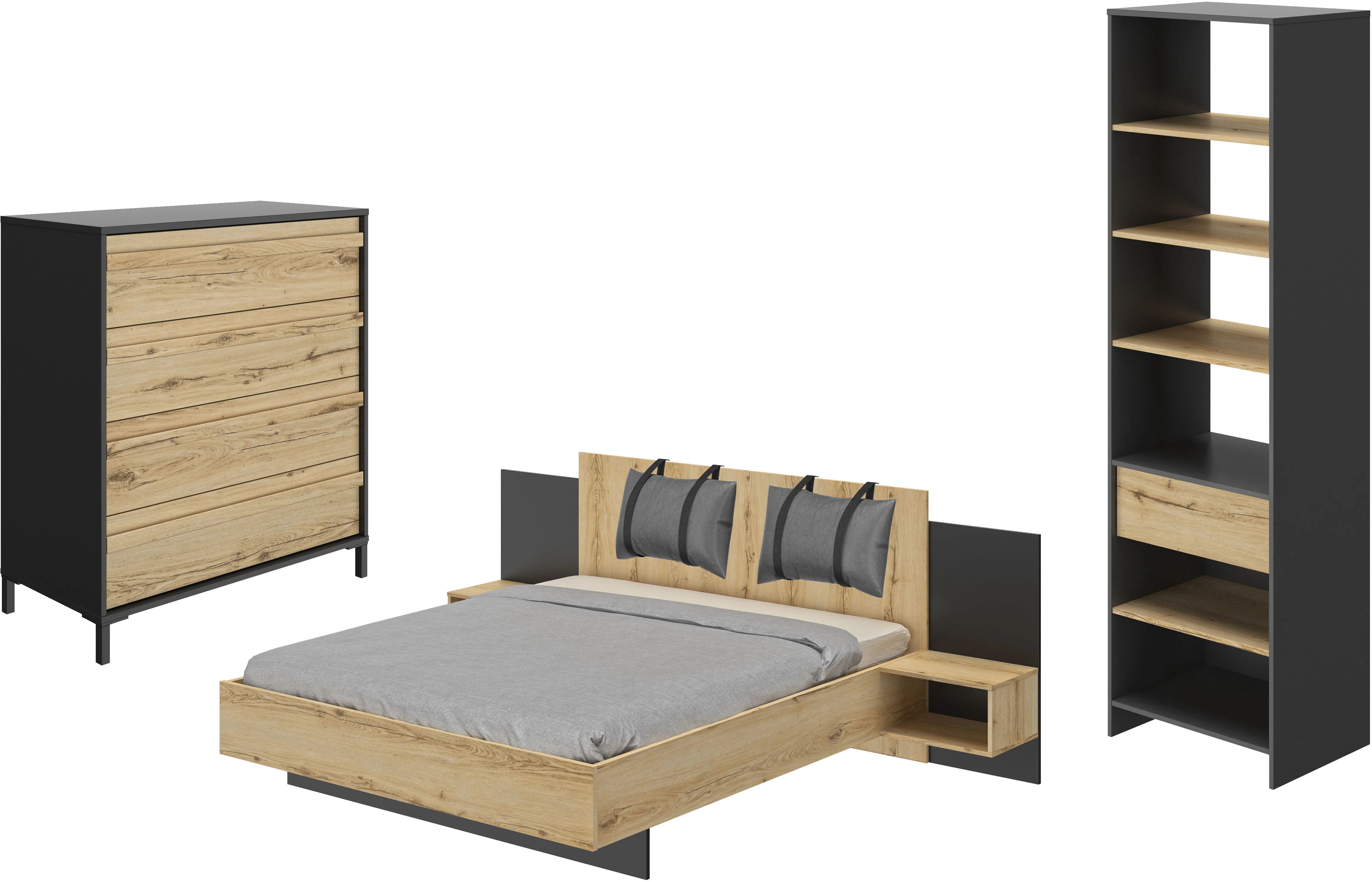 Schlafzimmer-Set GAMI "Mimizan", braun (schwarz – eiche helvezia), B/H: 140cm x 200cm, Schlafzimmermöbel-Sets