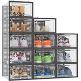 HOMIDEC Schuhboxen, 12er Pack Schuhboxen Stapelbar Transparent, Schuhorganizer Schuhaufbewahrung, Schuhkarton mit Deckel für Schuhe bis Größe 45, Schwarz