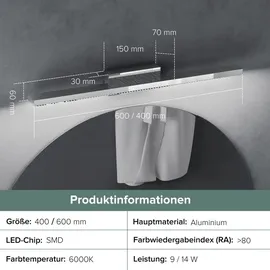 doporro LED Badlampe Spiegellampe 6000K Badezimmer Lampe led Wandleuchte Chrom 14W Leuchtschein