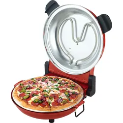 Sirge PIZZA-Ofen 1200 W, 400 Grad, 30 cm kratzfester emaillierter Cordierit-Feuerfeststein, Zubehör inklusive, 15-Minuten-Timer, Rot