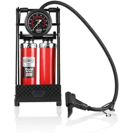 Heyner Premium Fußpumpe mit Manometer Doppelzylinder rot|schwarz
