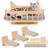 Wandregal für Katzen mit Hängematte und 3 Stufen, Katzentreppe Wand Kletterwand mit 3 Treppenstufen, Katzen Wand Klettern, Katzen-Wandregal aus Holz, Filzauflage, Wandmontage