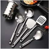 STILVORA Kochbesteck-Set 6er Küchenutensilien-set Edelstahl Küchenhelfer-set,Kochbesteck-set (Kochbesteck Küchen Utensil Set mit Utensilienhalter, 6-tlg., Skimmer, Suppenschöpfer, Solider Wokpfannenwender, Schlitz Pfannenwender), Spülmaschinengeeignet für Kochen Braten Schöpfen Mischen und Backen silberfarben