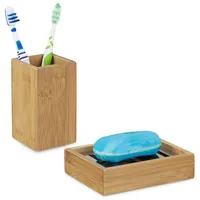Relaxdays 2 tlg. Badutensilien-Set aus Bambus, Zahnputzbecher, Seifenablage mit