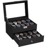 Songmics Uhrenbox, mit Glasdeckel, Uhrenkoffer mit herausnehmbaren Uhrenkissen, Uhrenschatulle, Geschenkidee, PU-Bezug in Schwarz, Samtfutter in Schwarz JWB020B01