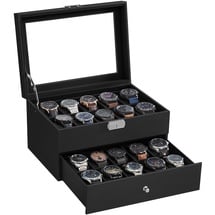 Songmics Uhrenbox, mit Glasdeckel, Uhrenkoffer mit herausnehmbaren Uhrenkissen, Uhrenschatulle, Geschenkidee, PU-Bezug in Schwarz, Samtfutter in Schwarz JWB020B01