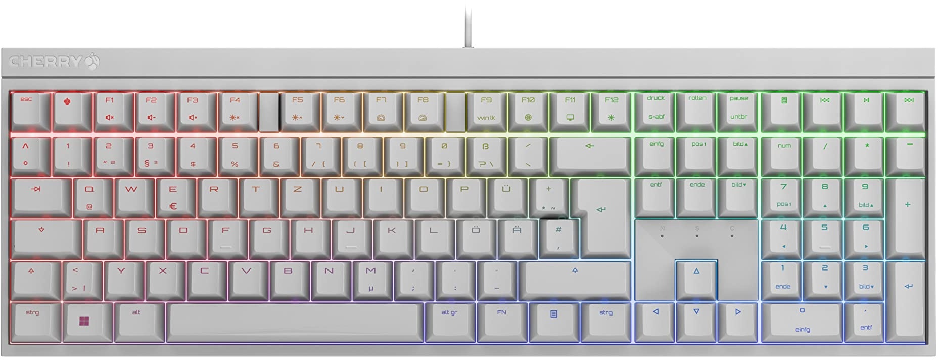 CHERRY MX 2.0S, Kabelgebundene Gaming-Tastatur mit RGB-Beleuchtung, Deutsches Layout (QWERTZ), Designed in Germany, Original MX BLUE Switches, Weiß