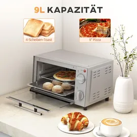 Homcom Minibackofen 9L Mini Ofen mit Backblech, Grillrost, 100 °C-230 °C, mit einstellbar Temperatur und Garzeit, 60 Min. Timer, 750W, Edelstahl,