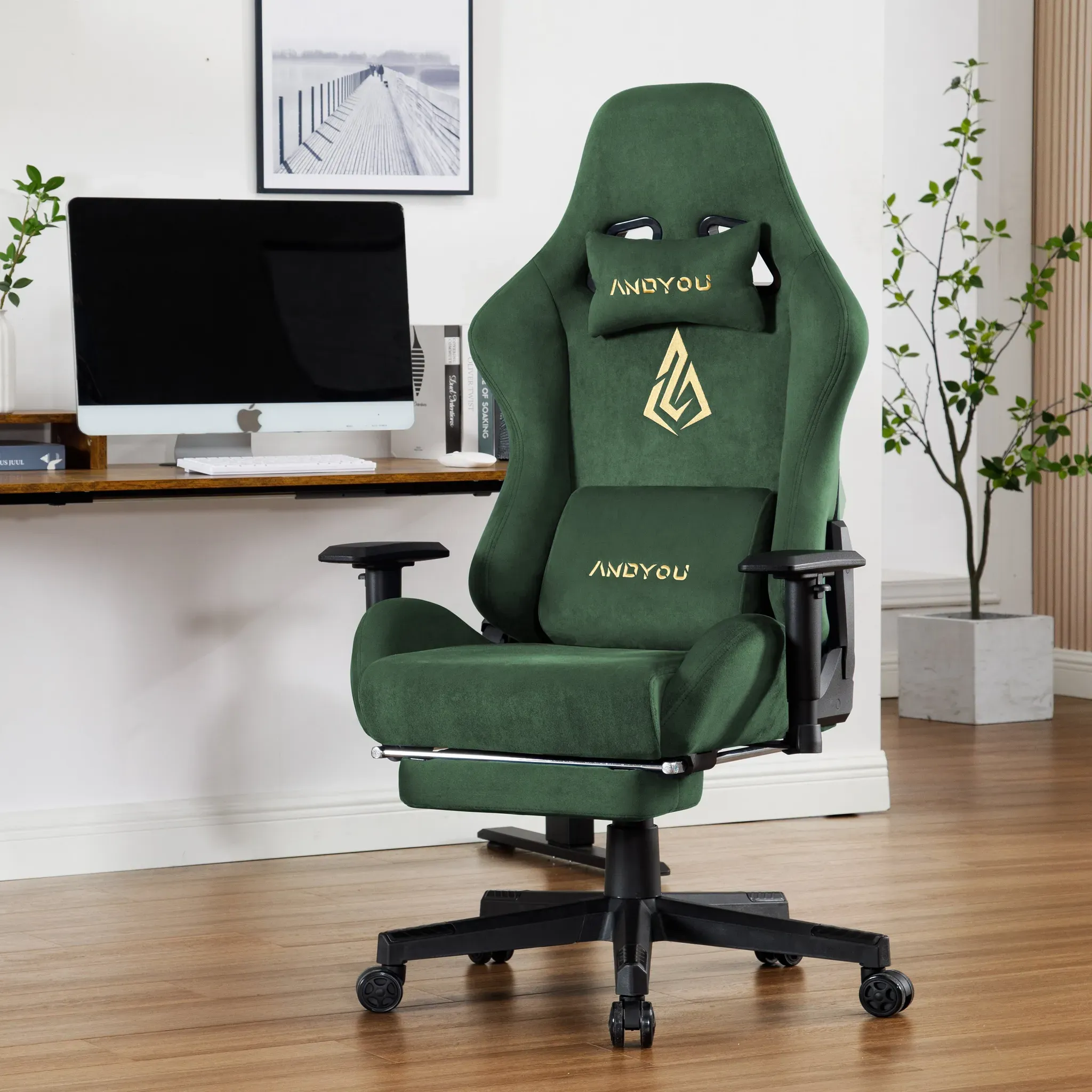 ANDYOU Breathable Gaming Chair with Footrest, Adjustable and Rotating, Green