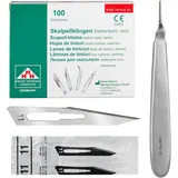 Set - 100 Stück sterile Skalpellklingen Figur 11 aus Karbonstahl - Ersatzklingen + 1 x Shehadeh - Skalpell-Halter mit 13,5 cm langem und bauchigen Griff - Edelstahl