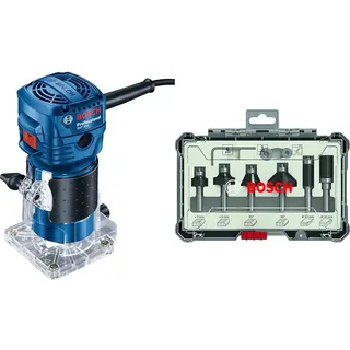 Bosch Professional Kantenfräse GKF 550 (inkl. Parallelanschlag, Rollenführung, Grau, 2x Schraubenschlüssel (17mm, 10 mm), im Karton) + 6tlg. Rand- und Kantenfräser Set (für Holz, Zubehör Oberfräsen)